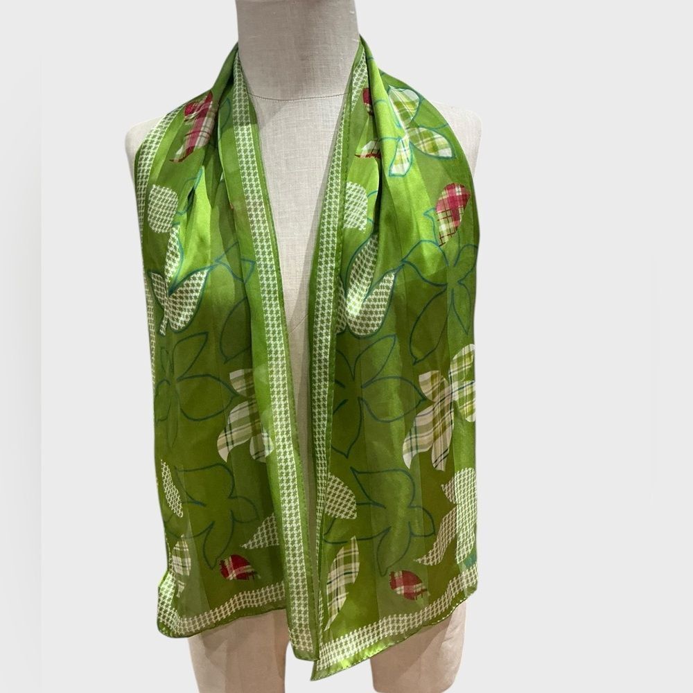 Anne Klein 100% Silk Oblong Scarf Green Floral Long Neck Wrap